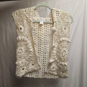2for$20 button down sweater knit cardigan top blouse creme Tempo small boho hood